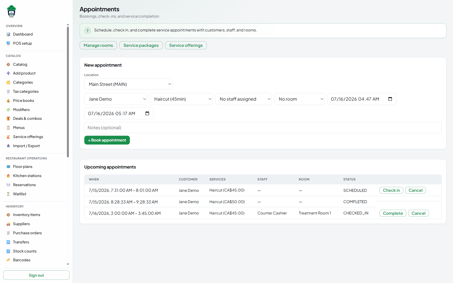 MuffinPOS appointments scheduling screen in desktop web view