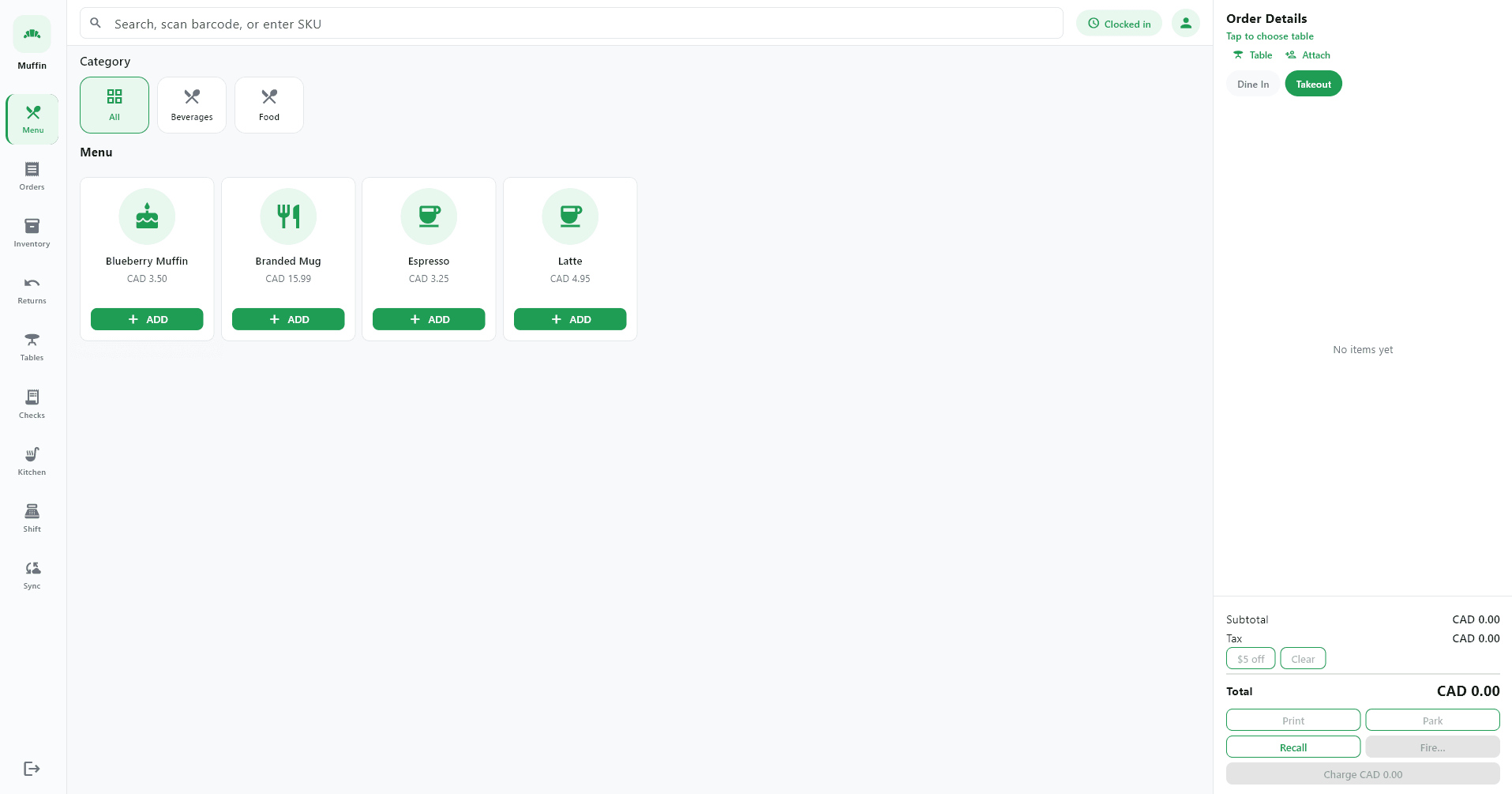 MuffinPOS desktop register showing product catalogue and order panel
