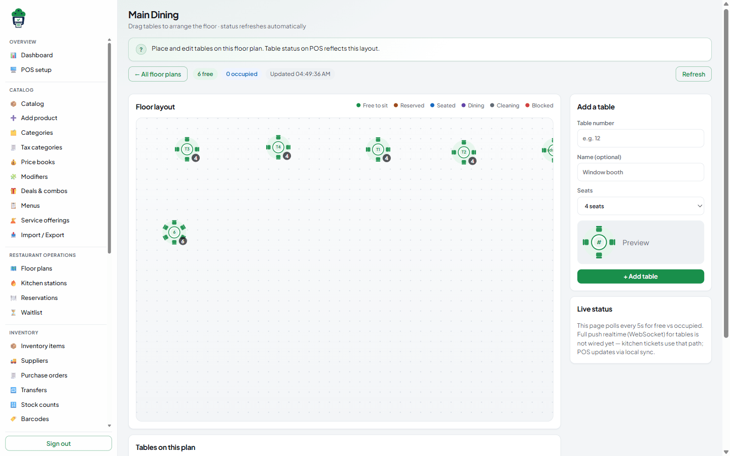 MuffinPOS floor plan editor in desktop web view with live table status