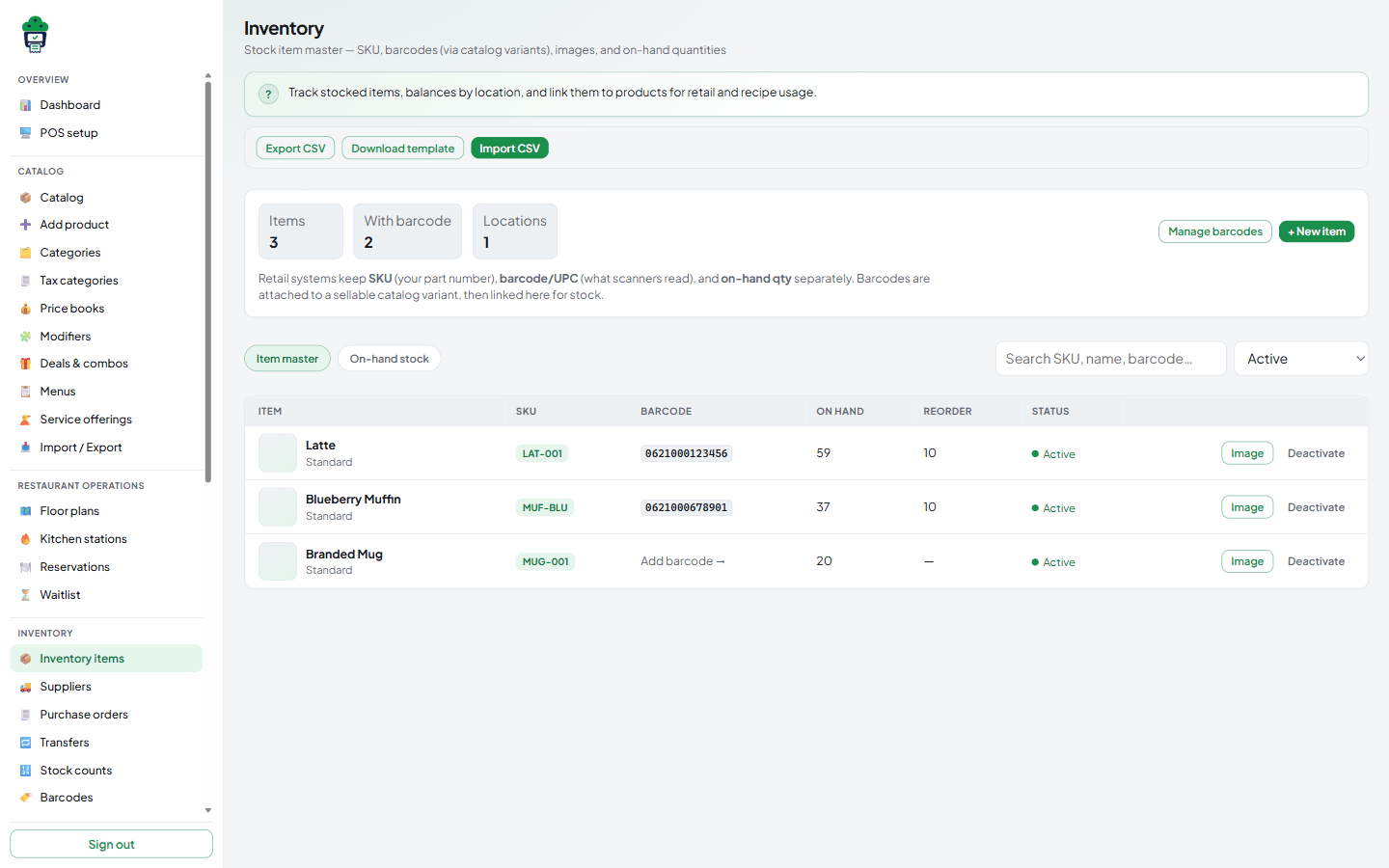 MuffinPOS inventory item master in desktop web view