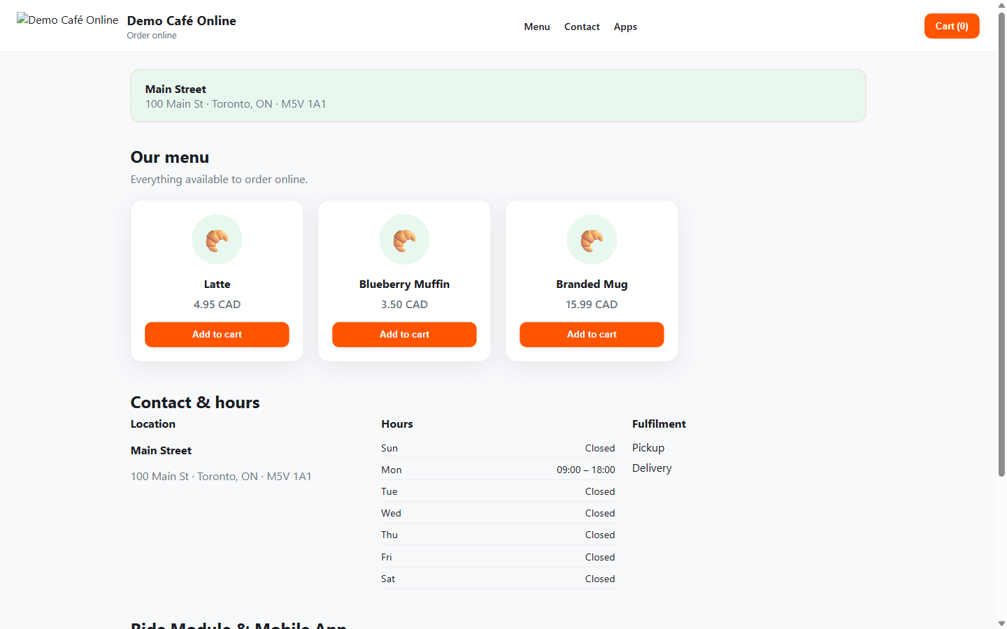 Demo Café online storefront in desktop web view